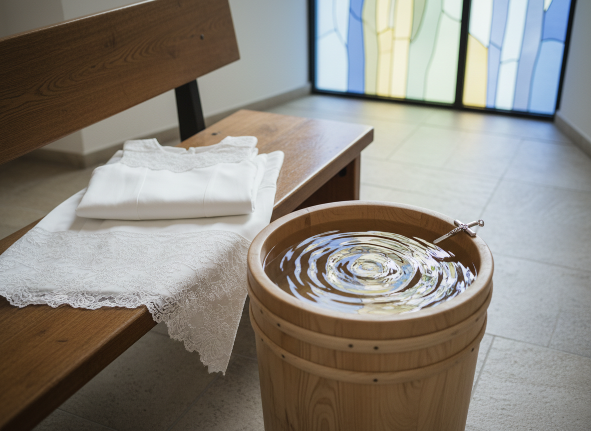 A symbolic baptism film scene without people: a beautifully detailed white christening gown made of fine cotton and delicate lace, carefully folded beside a handcrafted wooden baptismal font filled with softly rippling water. A small silver cross pendant rests near the edge of the font, catching the light. The setting is an intimate corner of a bright chapel interior, with pale stone tiles and a blurred stained glass window in the background. Soft, diffused daylight spills across the fabric and water, creating gentle reflections and subtle shadows. Photographed at a slightly low angle with a shallow depth of field, the mood is tender, pure, and reverent, in realistic, clean, and modern photographic style.