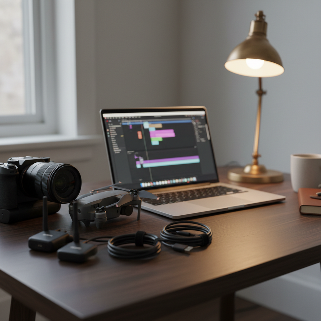 A professional wedding film workspace represented without people: a sleek mirrorless camera with a fast prime lens, a compact drone, wireless microphones, and neatly coiled cables arranged on a dark wooden desk. A laptop displays a blurred video timeline interface, hinting at editing in progress. Soft, diffused window light from the left creates gentle reflections on the lens glass and metal bodies, while a warm desk lamp adds a cozy glow on the right. Captured from a slightly elevated angle with a medium depth of field, the background fades into a smooth blur of neutral tones. The atmosphere feels focused, creative, and highly professional, evoking cinematic wedding storytelling through photographic realism.