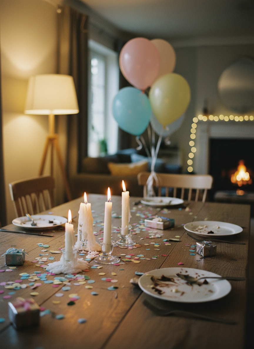 An intimate private celebration film still life without people: a long wooden dining table decorated for a family party, featuring half-melted candles in simple glass holders, a scattering of colorful confetti, and empty dessert plates with traces of cake. In the midground, a cluster of helium balloons in soft pastel tones gently drifts out of focus, tied to the back of an unseen chair. Warm evening light from a nearby floor lamp mixes with the soft glow of string lights, casting cozy highlights on glass and metal surfaces. Captured at table height with a shallow depth of field, the composition emphasizes the small details left behind after the celebration. The mood is nostalgic, authentic, and emotional, in natural photographic realism.