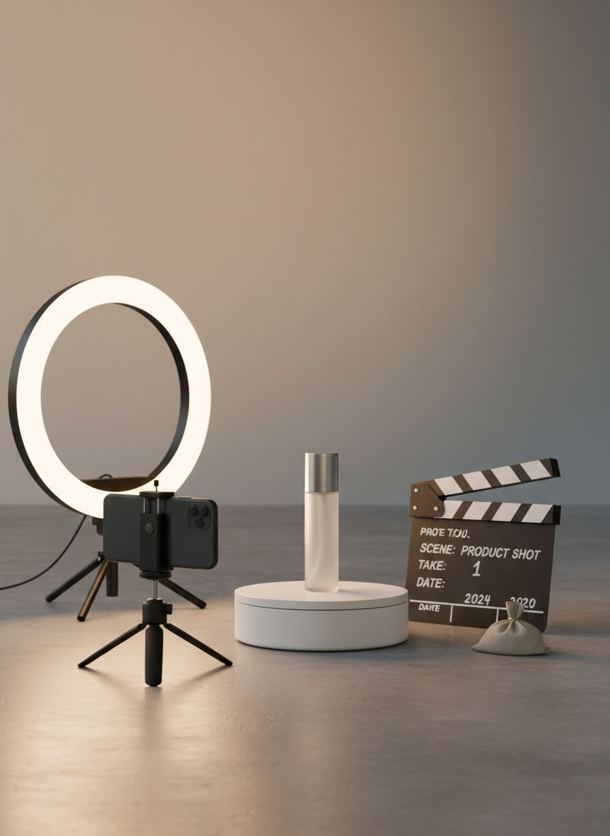A social-media-ready product and image film concept without people: a compact turntable-style product table in matte white, holding a sleek, minimal cosmetic bottle with frosted glass and a brushed metal cap. Surrounding it, a smartphone on a small tripod, an LED ring light casting soft, flattering illumination, and a clapboard slate rest on a smooth concrete surface. The background is a clean gradient wall transitioning from soft beige to warm gray, subtly blurred. Captured at a three-quarter angle with centered composition, the light creates delicate highlights on the glass and a smooth shadow falloff. The atmosphere is modern, fresh, and design-focused, perfectly suited for polished brand content and social media clips, rendered in crisp photographic realism.