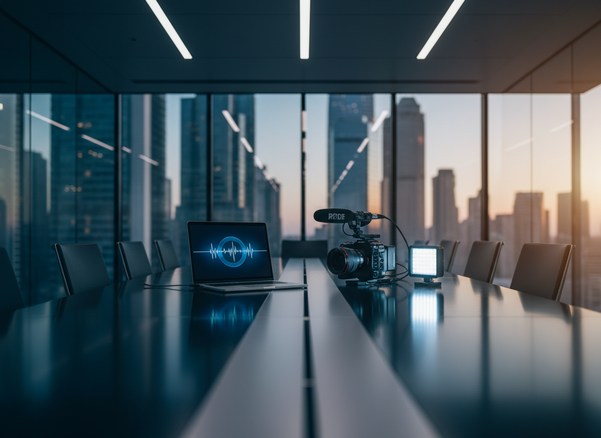 A dynamic corporate video concept without people: a sleek, dark conference table in a modern glass-walled office, holding a minimalist laptop, a compact cinema camera with a shotgun microphone, and a small LED panel emitting a soft, adjustable glow. In the background, a vibrant city skyline is visible through large windows, rendered in tasteful blur. Natural daylight mixes with cool-toned interior lighting, casting crisp reflections on the table’s polished surface. Shot from a low, cinematic angle with strong leading lines guiding the eye toward the camera gear, the composition feels bold and contemporary. The atmosphere suggests innovation, professionalism, and clear visual communication, captured with sharp photographic realism and a subtle, corporate color palette of blues, grays, and whites.