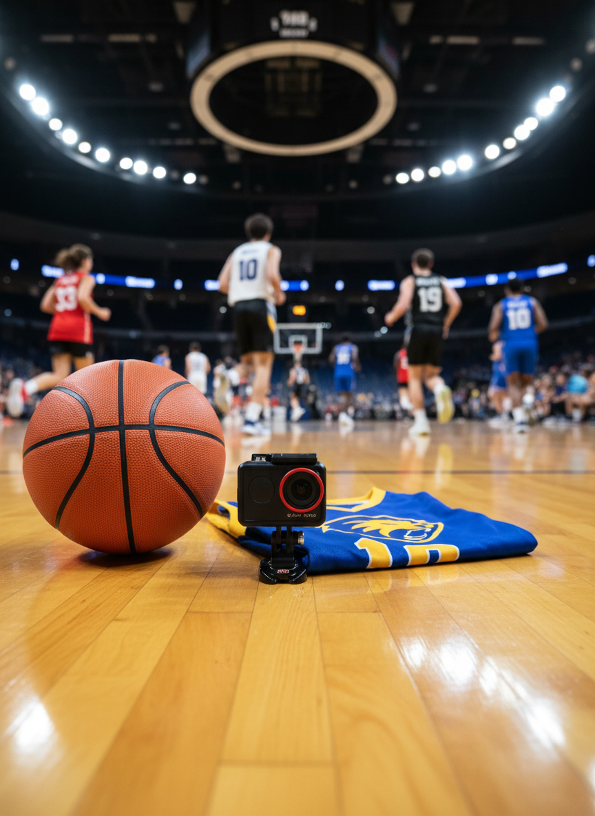 A vibrant school or sports event film concept without people: a carefully placed action camera mounted low on the edge of a glossy wooden gym floor, next to a vividly colored basketball and a neatly folded team jersey. Faint motion blur of running legs and dynamic shapes pass in the distant, intentionally out-of-focus background, suggesting intense activity. Overhead stadium lights bathe the scene in bright, even illumination, producing crisp reflections on the ball’s pebbled surface and the polished floor. Shot from an ultra-low, wide-angle perspective, the composition feels energetic and immersive. The mood is spirited, youthful, and dynamic, emphasizing authentic moments and fast-paced storytelling in sharp photographic realism.